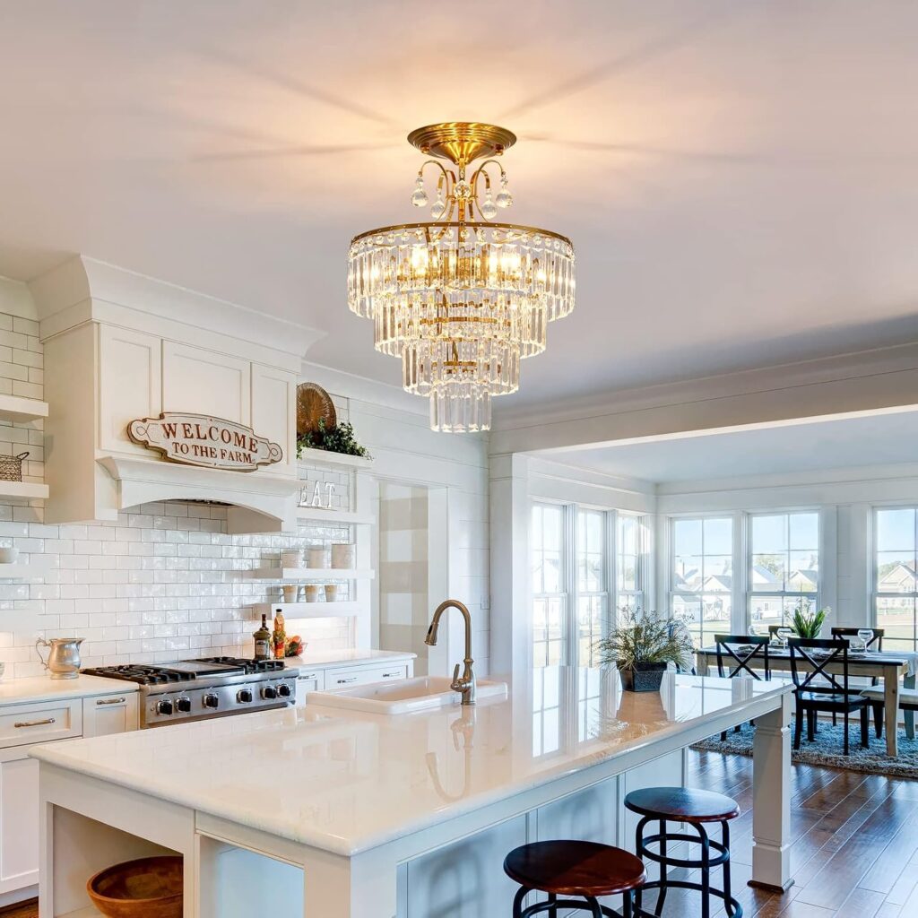 Luxurious Crystal Gold Chandelier Fixture kitchen area